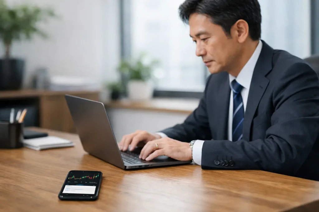 本業に集中している男性。机のスマホに出ている自動売買のFXチャートは放置