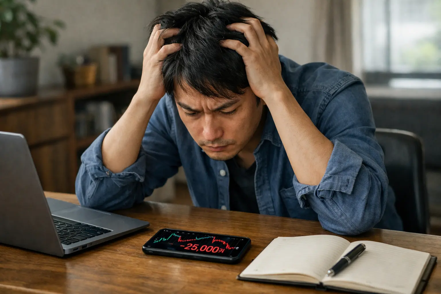 チャートを見て頭を抱えるFXトレーダー｜リピート注文の失敗に気づいた男性