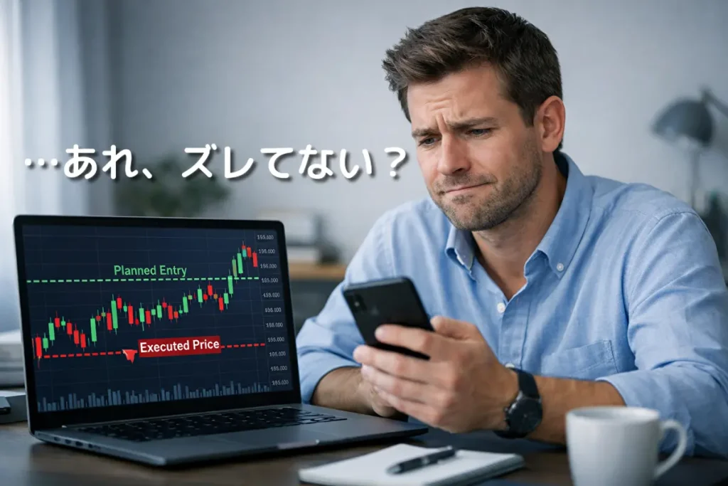 自動売買で注文価格と約定価格がズレて困惑する男性