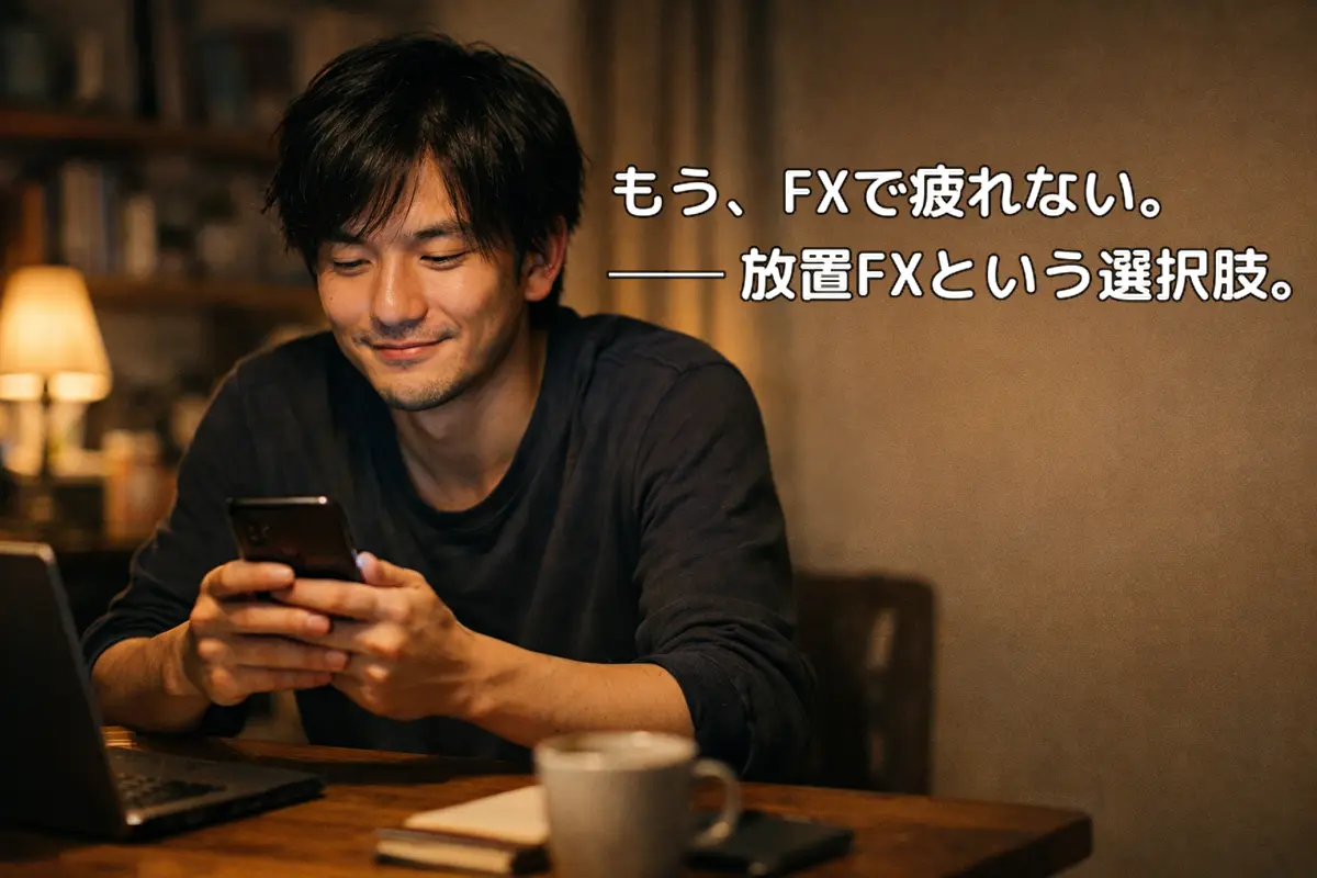 スマホを見ながら穏やかな表情を浮かべる男性。ノートパソコンとノートが机の上にある。