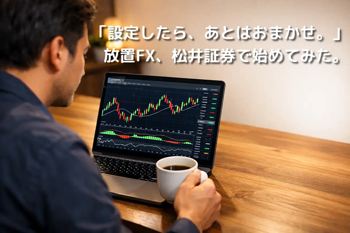 自動売買チャート画面を表示したノートパソコンを見ながら、コーヒーを持つ男性の後ろ姿。放置FXのイメージ写真。