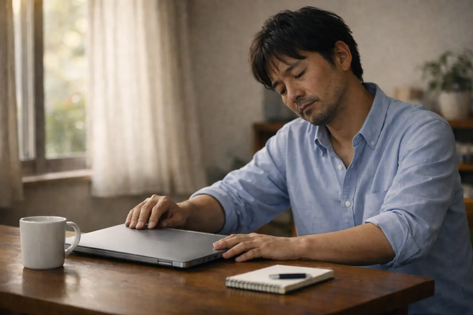 チャートに追われる日々に疲れた男性がノートPCを閉じてため息をつく姿
