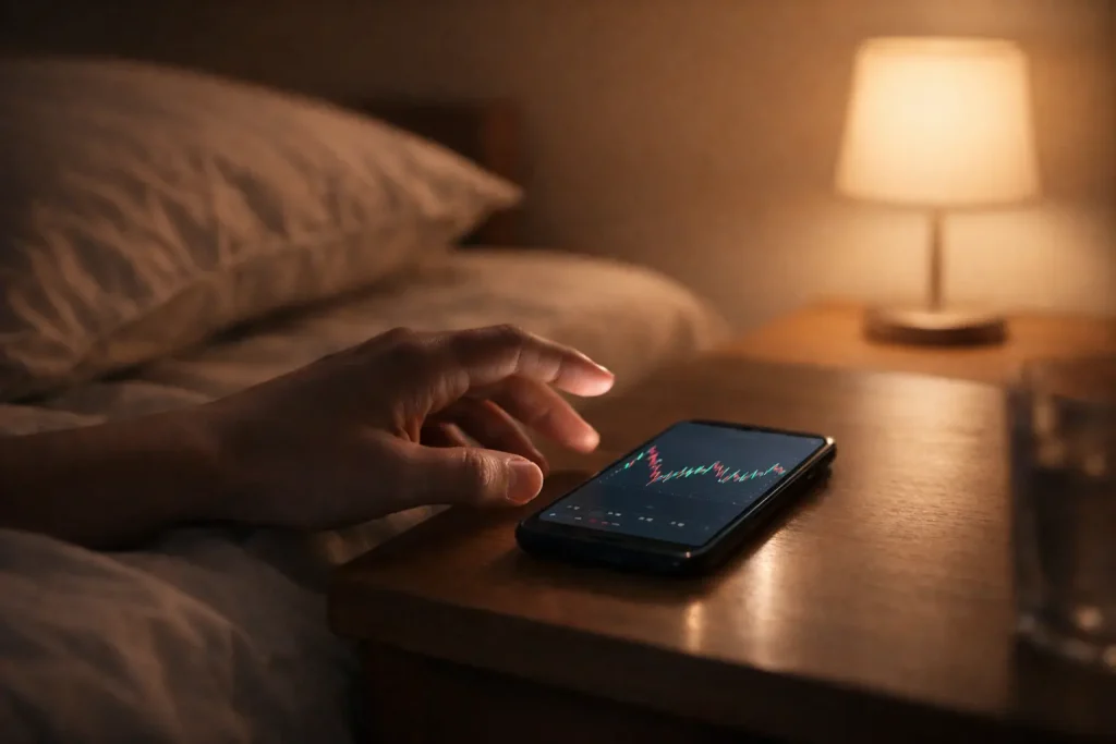 夜の寝室で、ベッド脇のスマホに表示されたFXチャートに手を伸ばしている様子