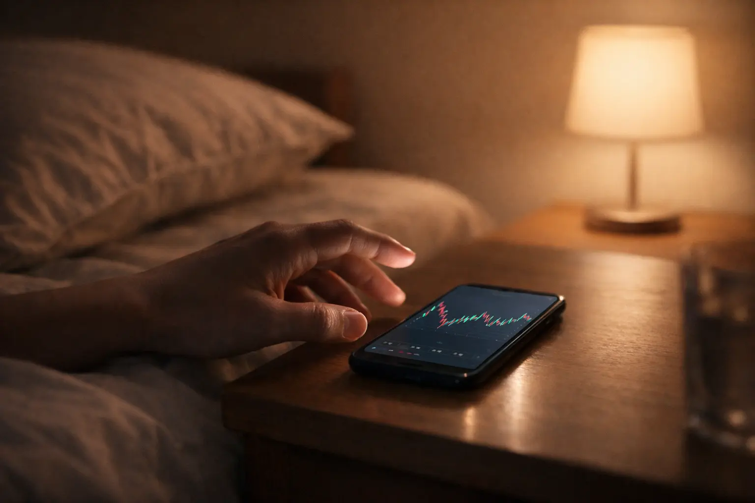 夜の寝室で、ベッド脇のスマホに表示されたFXチャートに手を伸ばしている様子