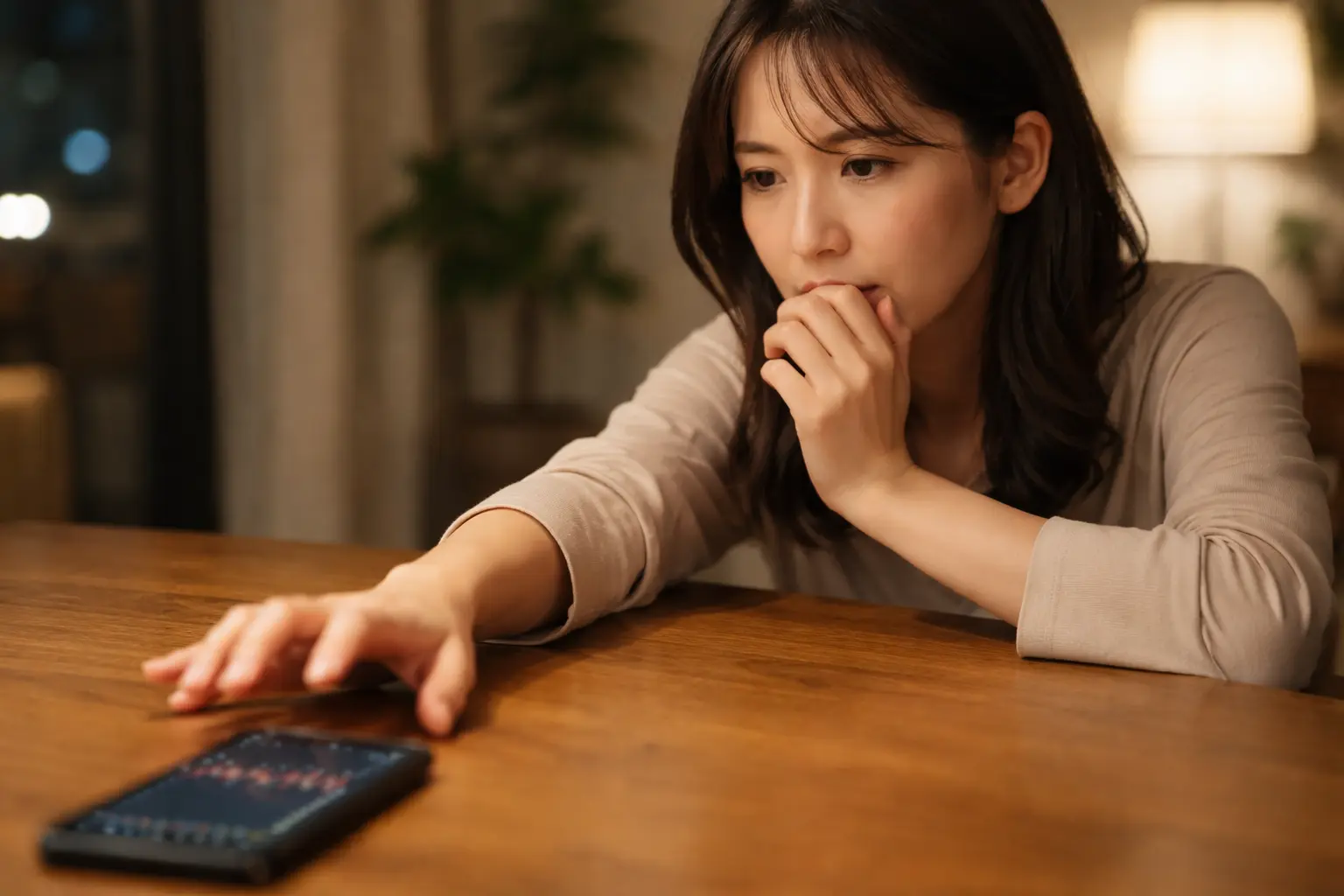 FXが怖いと感じながらスマホのチャートを見ようとする女性