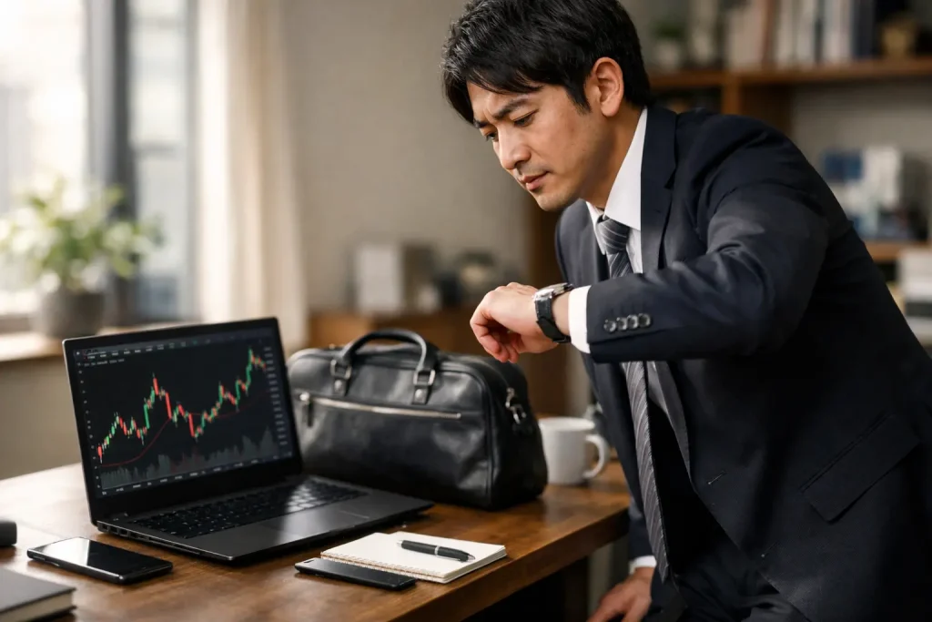 FXチャートを表示したノートPCを前に、腕時計を確認するスーツ姿の日本人男性