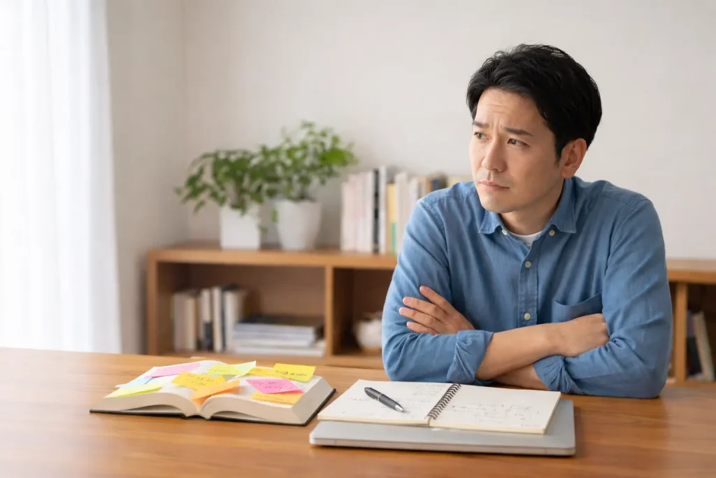 ノートを前に腕を組んで考え込む男性と閉じたノートPC
