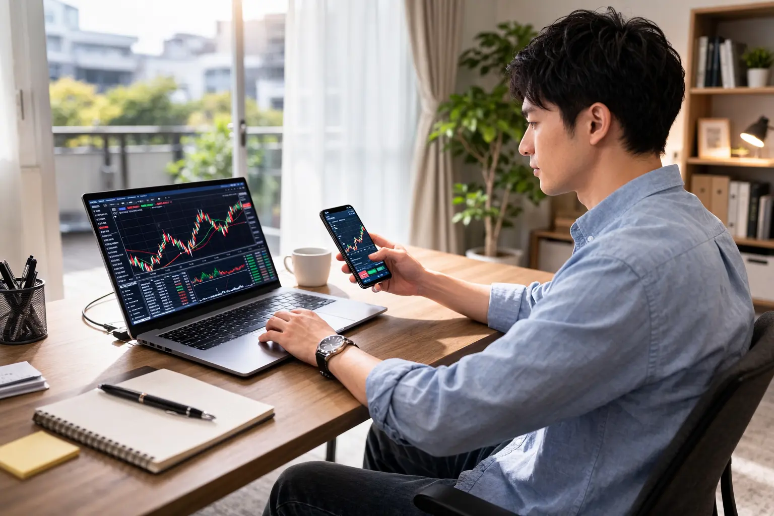 FXで取り戻したいと焦り、PCとスマホでチャートを確認する男性