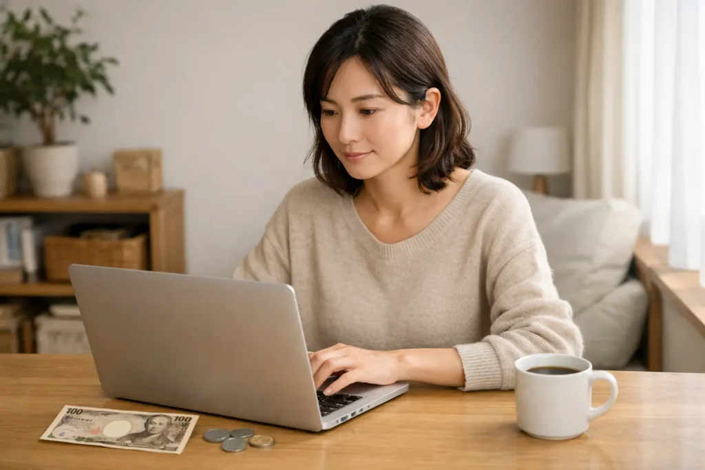 少額資金でFXをする女性。ノートPCと1,000円札、コーヒーが並ぶ日常のワンシーン。