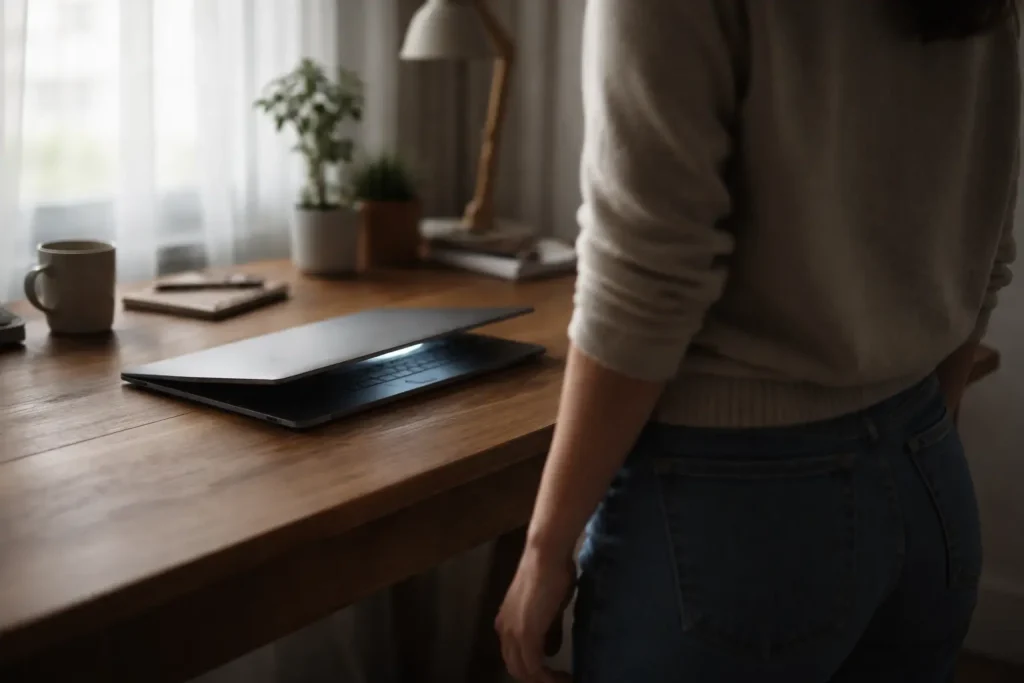 ノートPCを閉じかけたまま立ち去ろうとする女性の後ろ姿。画面の光がキーボードを照らしている様子