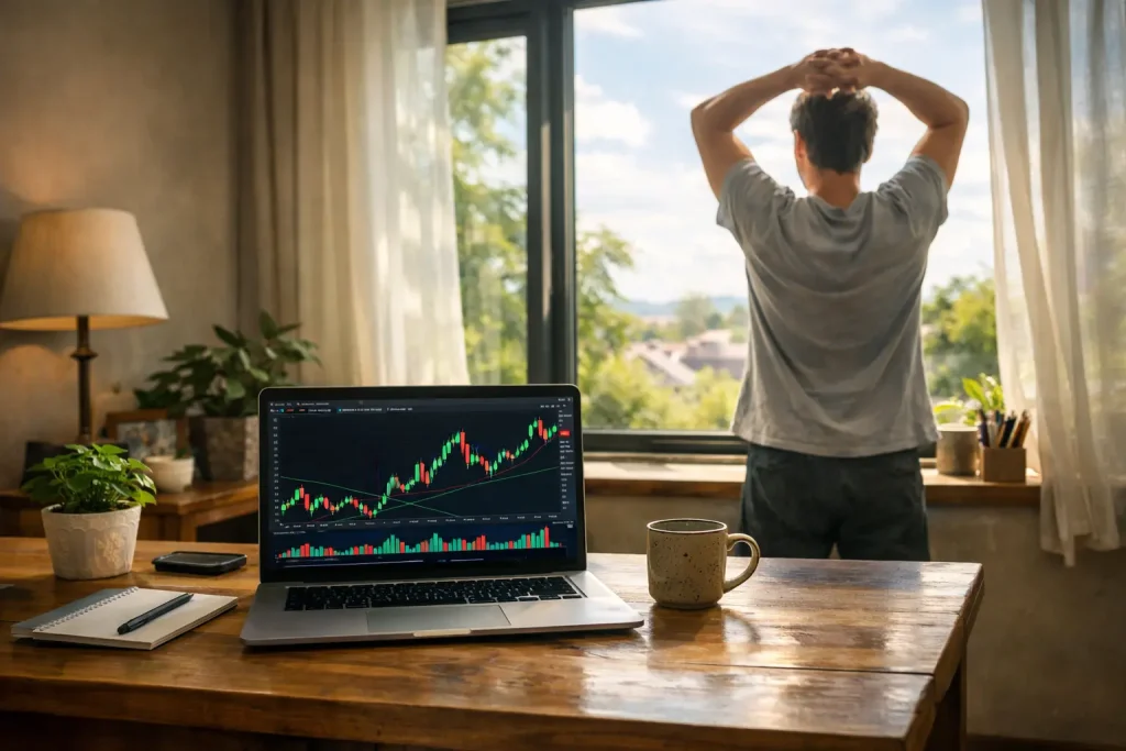 裁量FXに疲れた人が、チャートを見ながら一息ついている様子